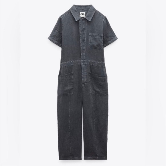 Zara Pants - Zara Jumpsuit Women Extra Small Gray Utility 100% Linen Short Sleeve Button Up